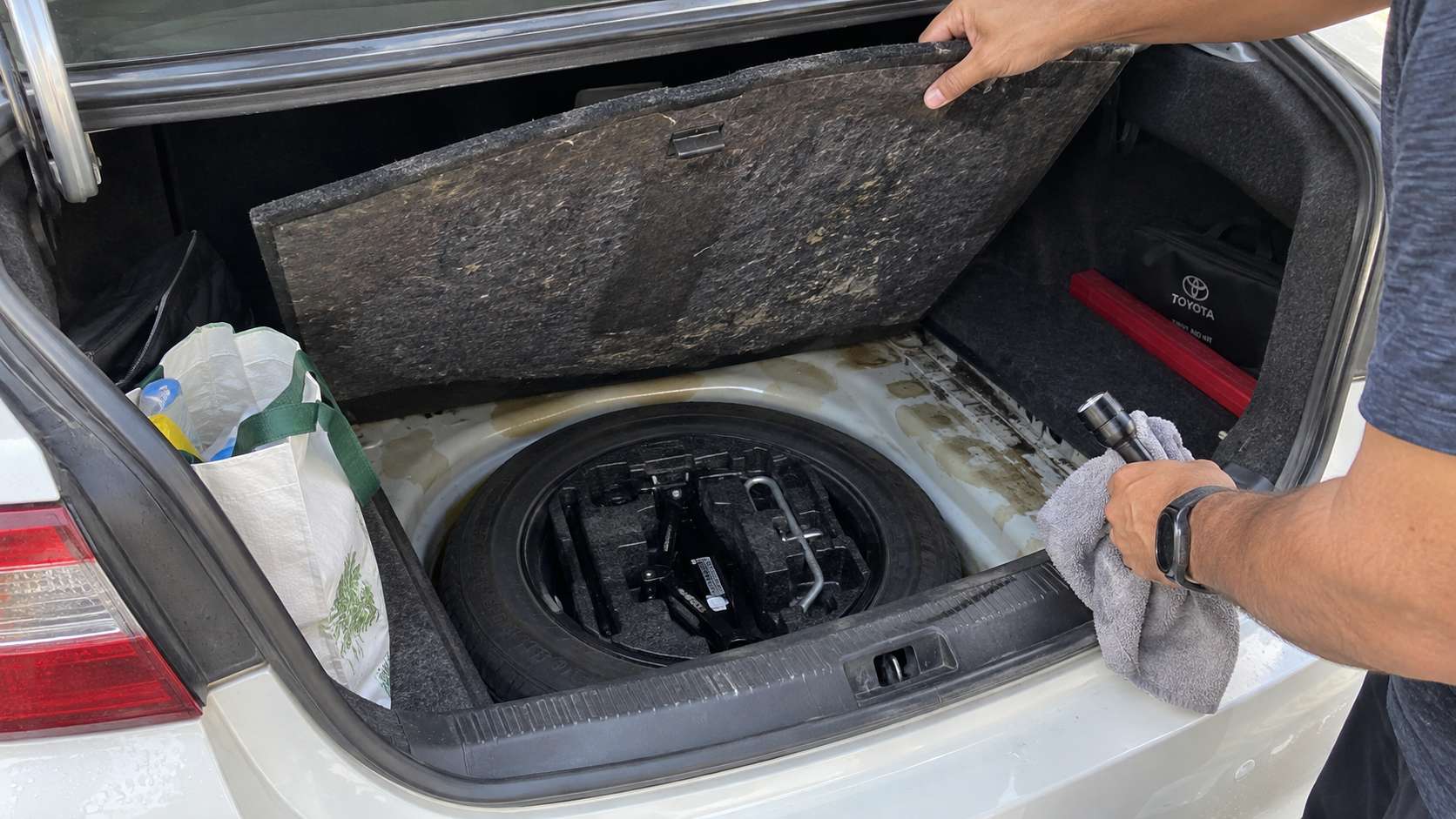Car owner inspecting trapped moisture and damp carpet inside the spare tire well of a car trunk.