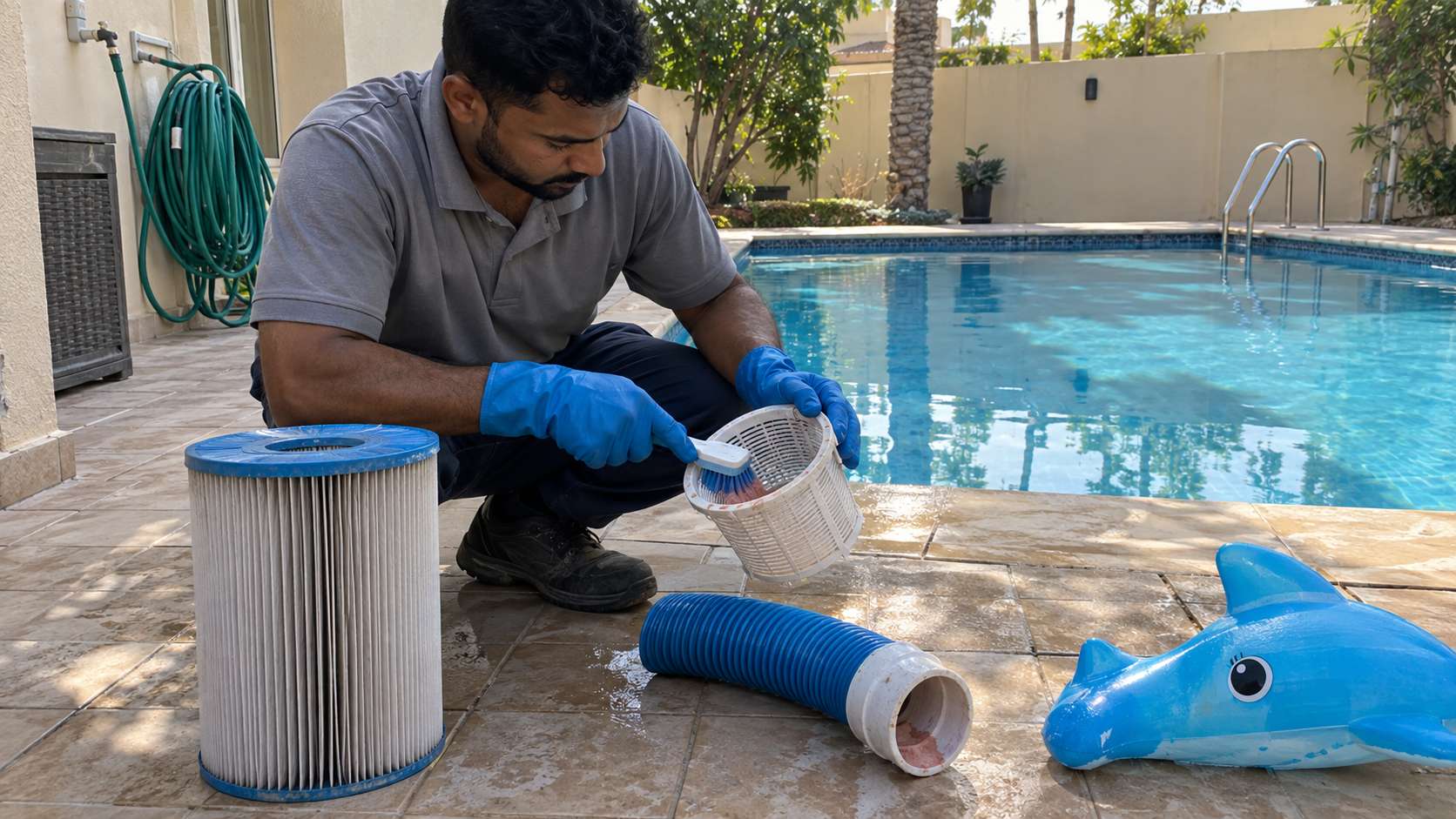 Pool technician cleaning a skimmer basket and pool accessories with pink slime hidden in crevices.