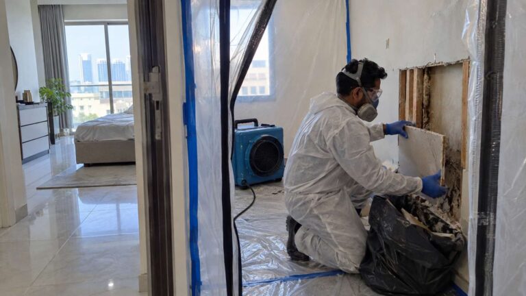 Mold remediation technician working inside a contained UAE room with HEPA equipment and protective gear.