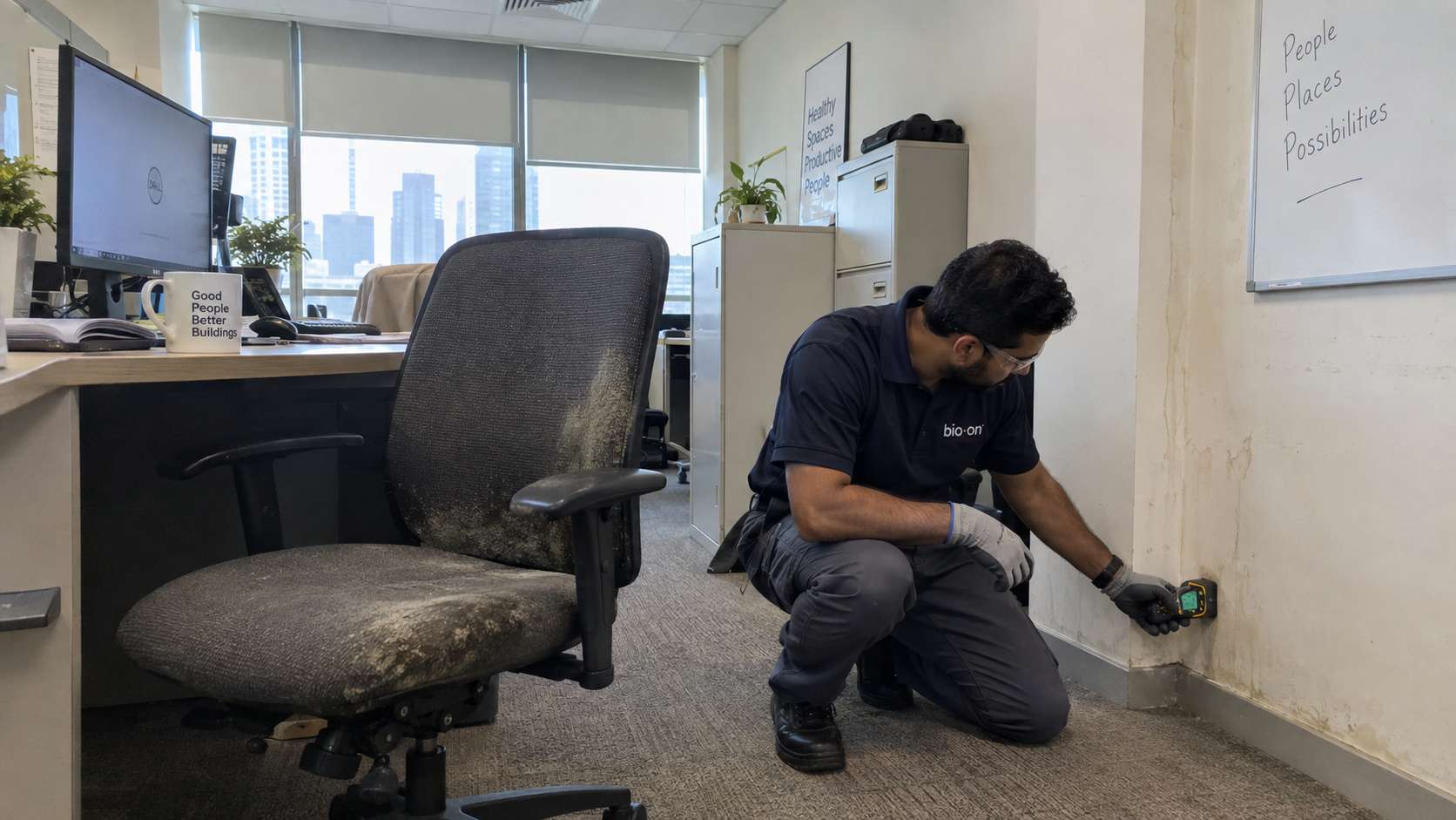 Technician inspecting mold contamination inside the cushion and underside of an office chair.
