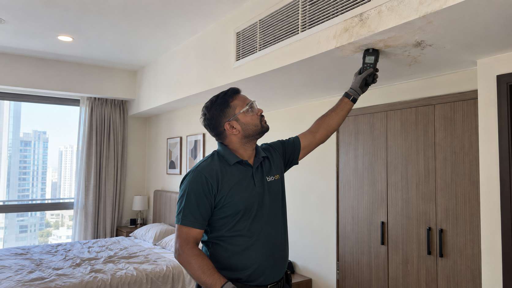 Bio-On technician checking moisture around a stained ceiling AC grille in a UAE apartment.