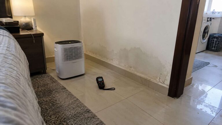 Recently damp wall and floor being dried before visible mold develops in a UAE home