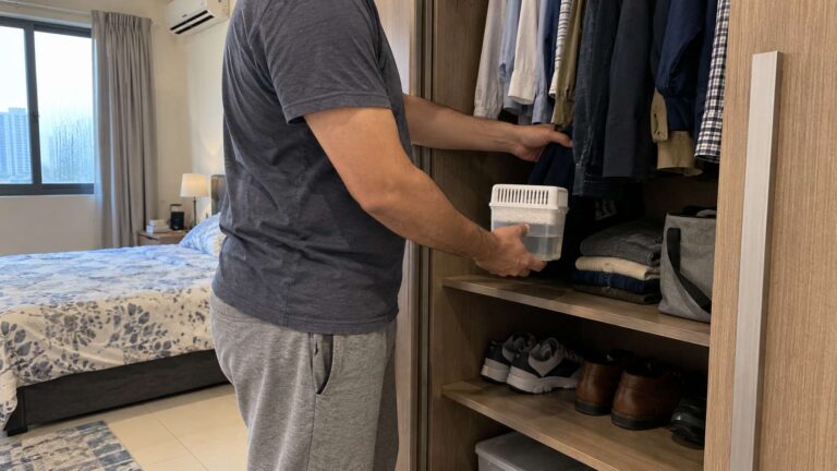 Homeowner checking a moisture absorber inside a wardrobe in a damp-prone UAE bedroom.