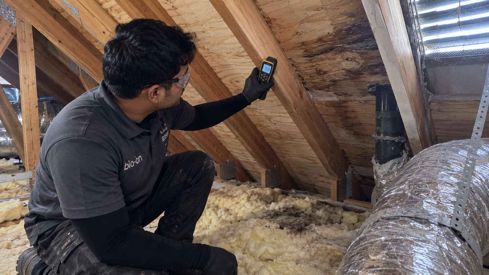 Technician checking attic moisture and ventilation conditions after mold cleanup.