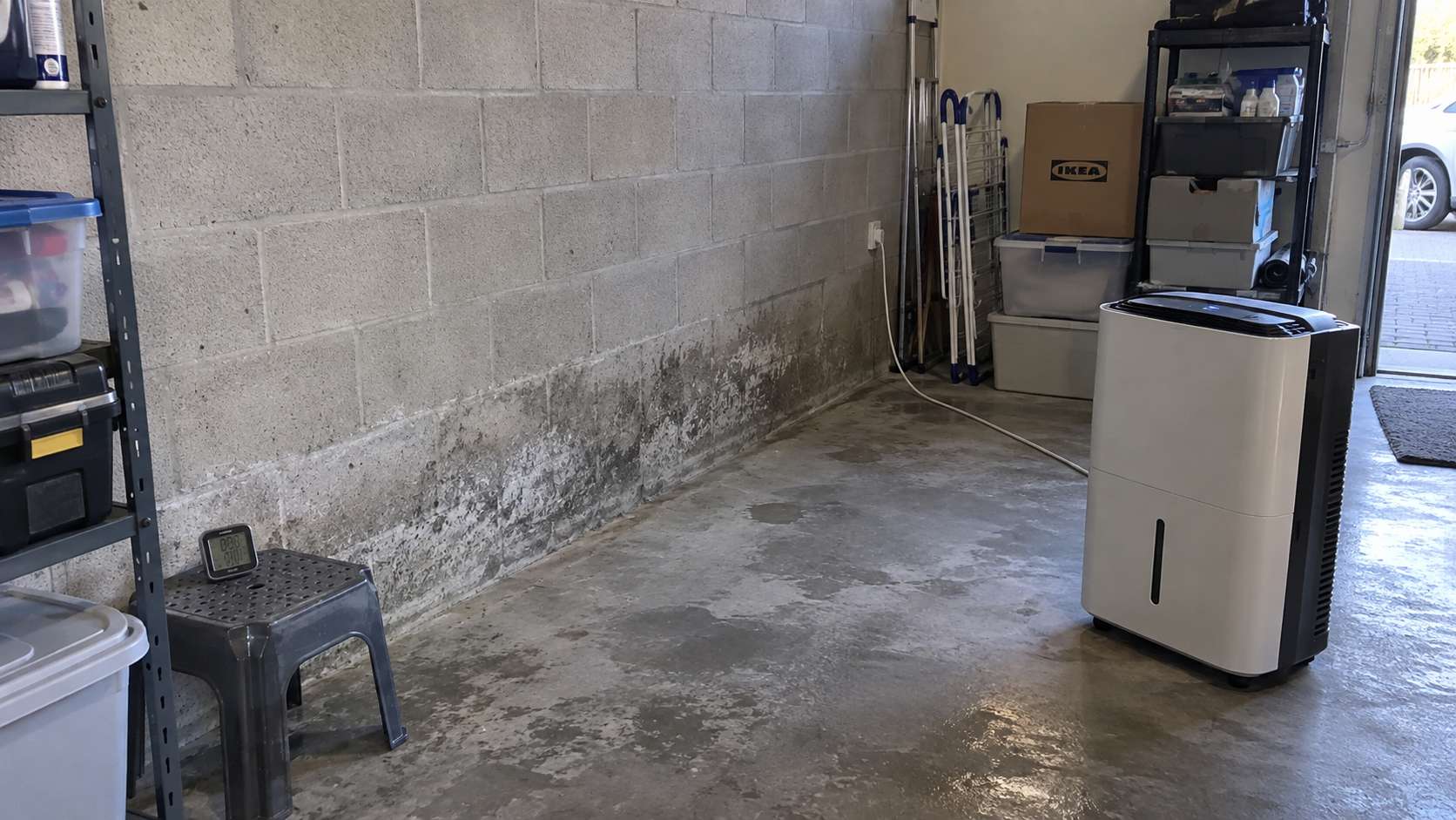 Dehumidifier and moisture monitoring beside a damp concrete wall with localized mold spotting.