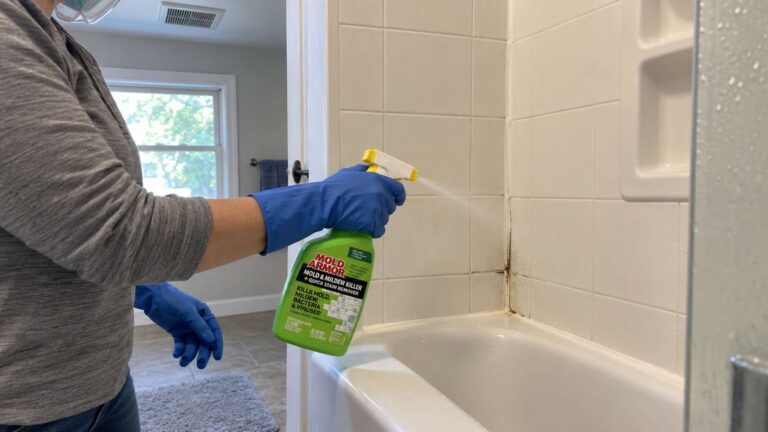 Homeowner applying Mold Armor stain remover to a small mould-stained shower surface.