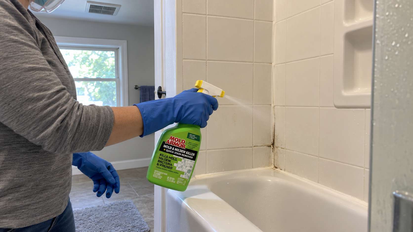 Homeowner applying Mold Armor stain remover to a small mould-stained shower surface.