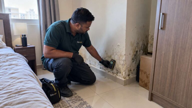 Bio-On technician inspecting mold infestation and hidden moisture behind furniture in a UAE apartment