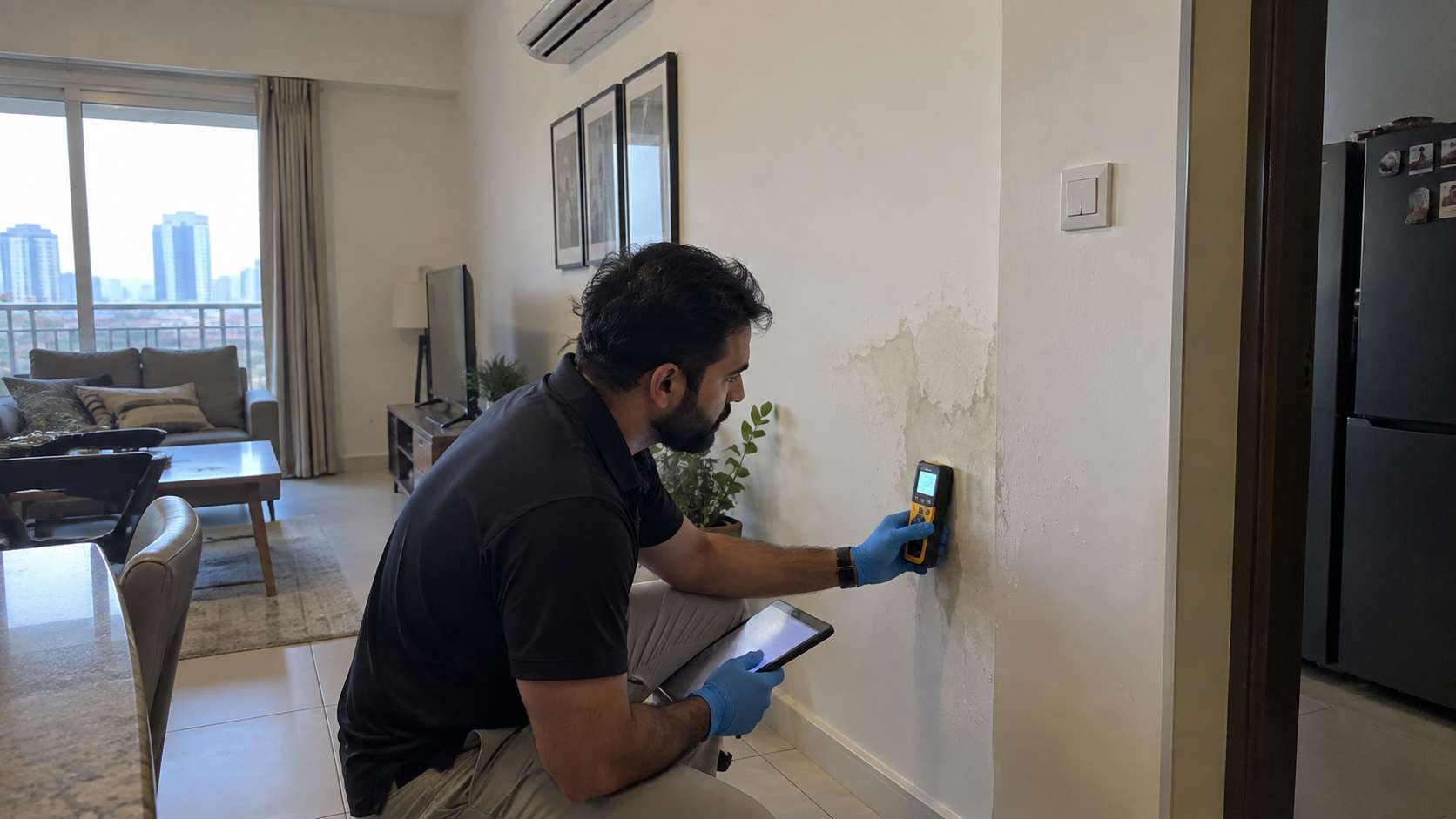 Mold inspector using a moisture meter on a stained wall in a UAE property.