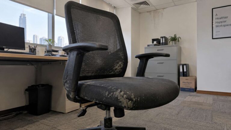 Mold patches on an office chair inside a damp-looking office workspace.