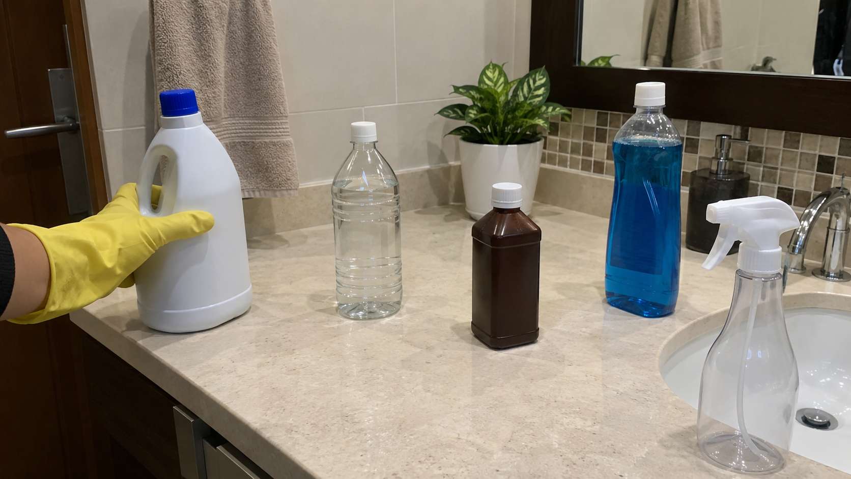 Several household mold-cleaning products kept separate on a bathroom counter.