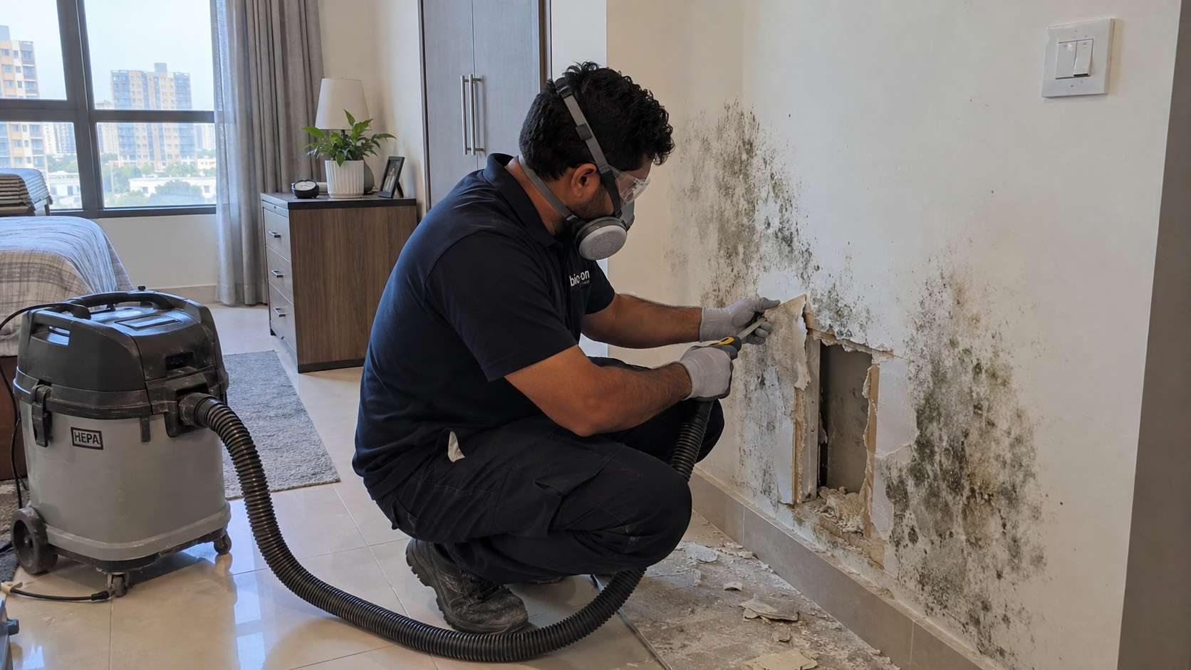 Bio-On technician removing localized mold-damaged wall material with HEPA equipment nearby.