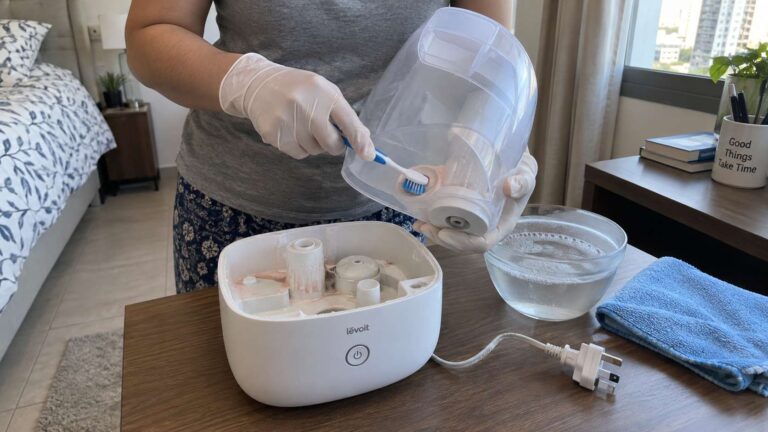 Homeowner cleaning pink slimy residue from an unplugged humidifier water tank and base.