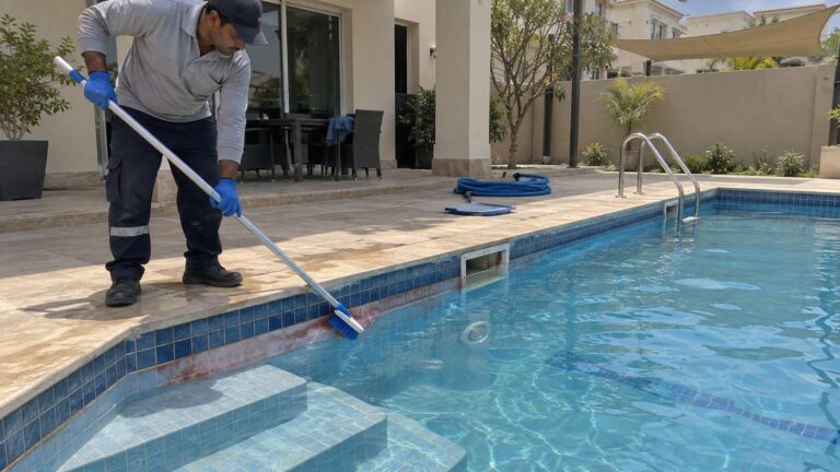 Pool maintenance worker brushing pink slimy biofilm from a swimming pool step in a UAE villa.