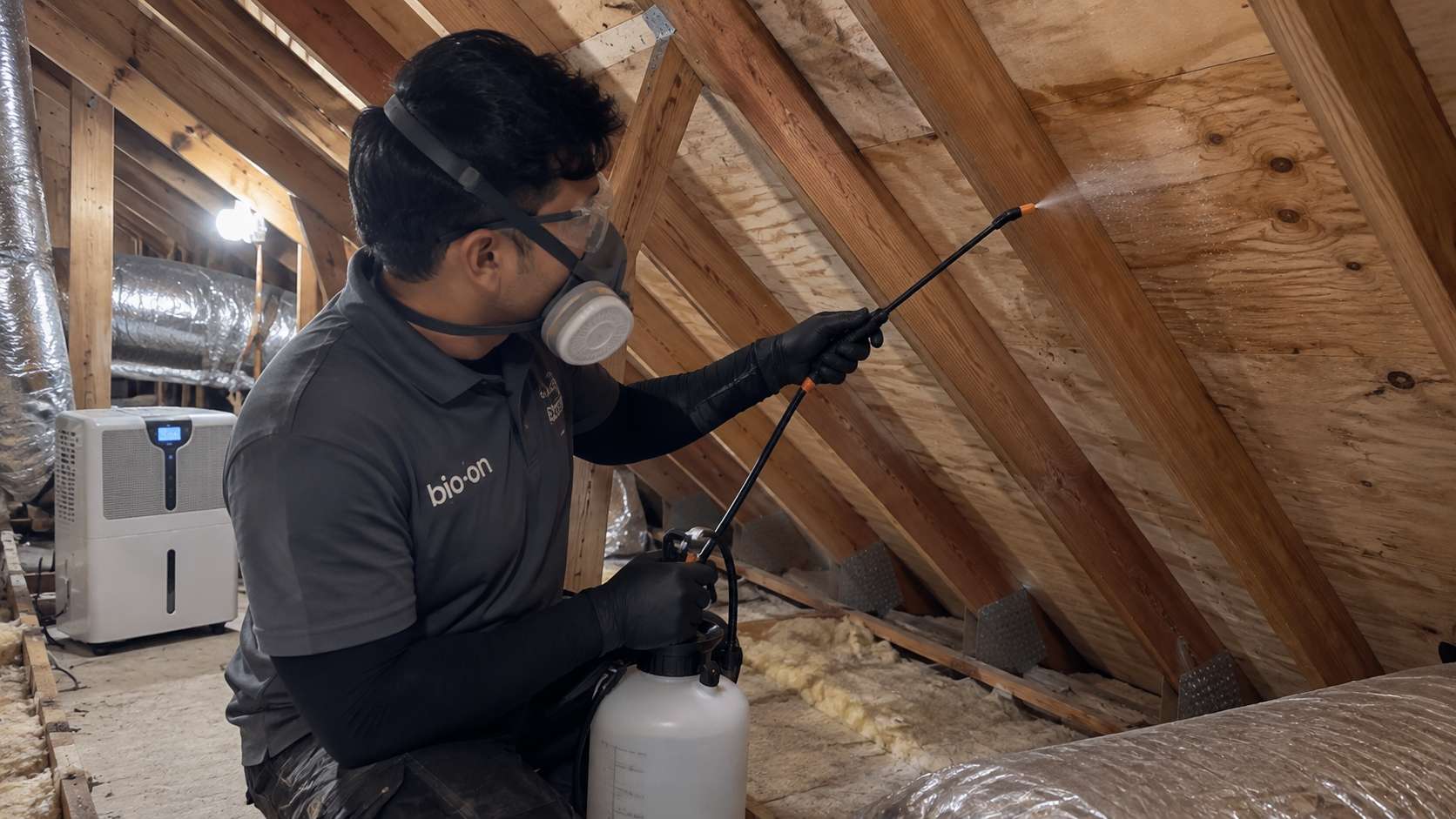 Technician applying a follow-up mold prevention treatment to cleaned attic wood framing.