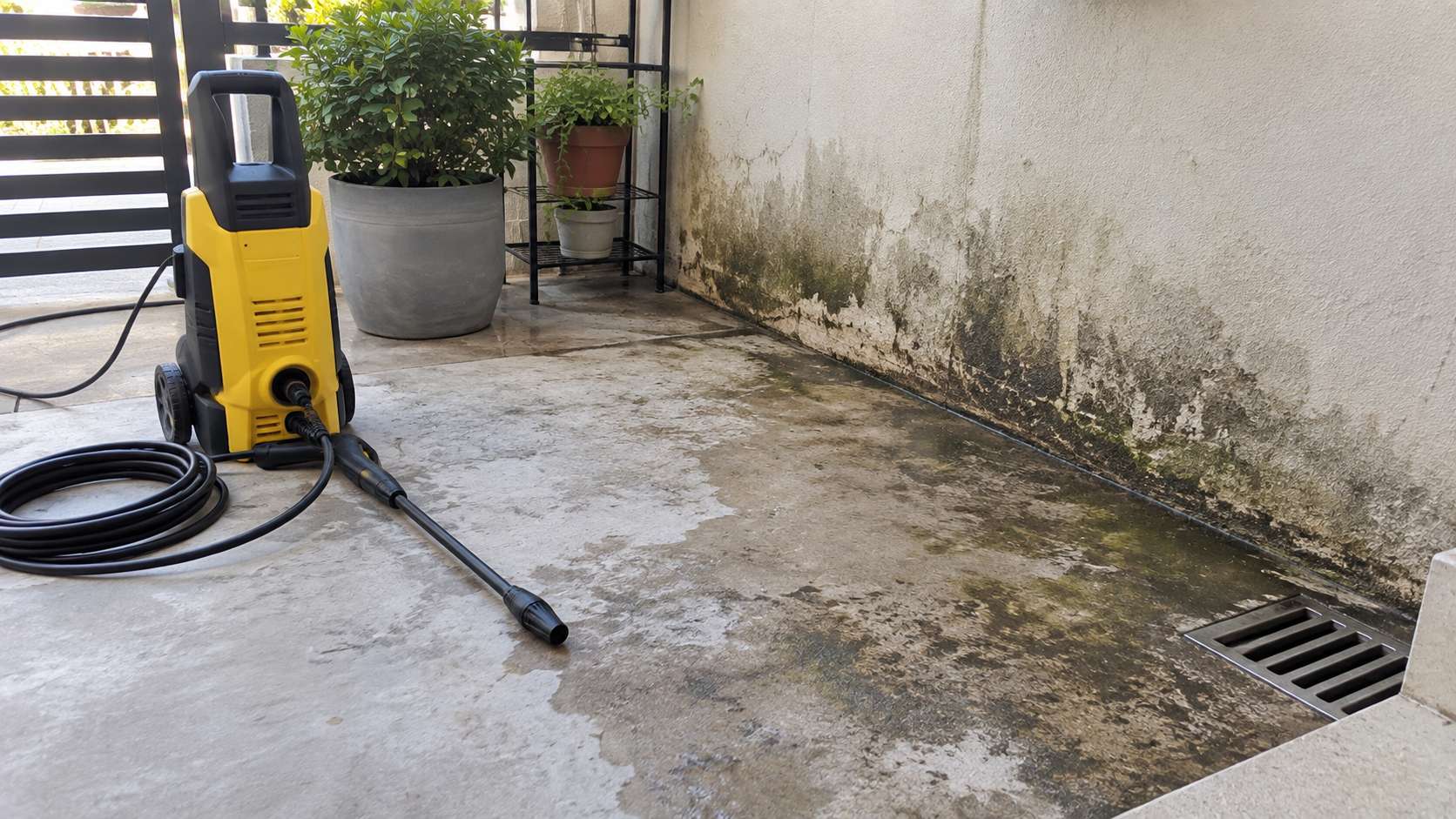 Pressure washer positioned beside moldy outdoor concrete in a UAE residential area