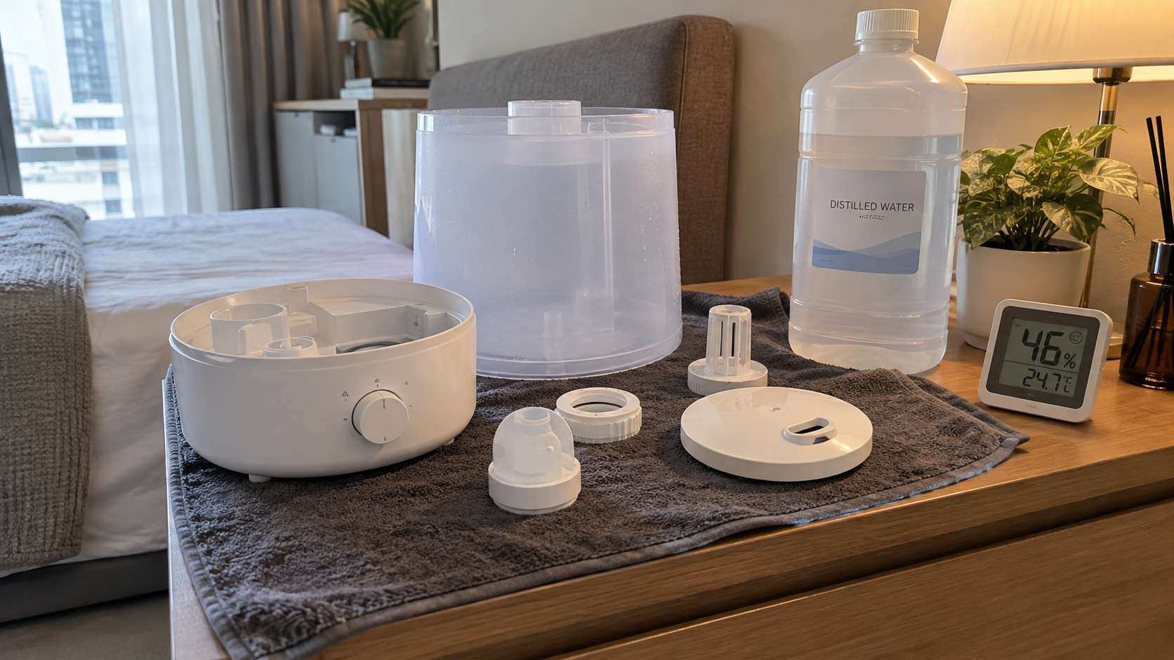 Clean humidifier parts air-drying beside distilled water and a room humidity meter.