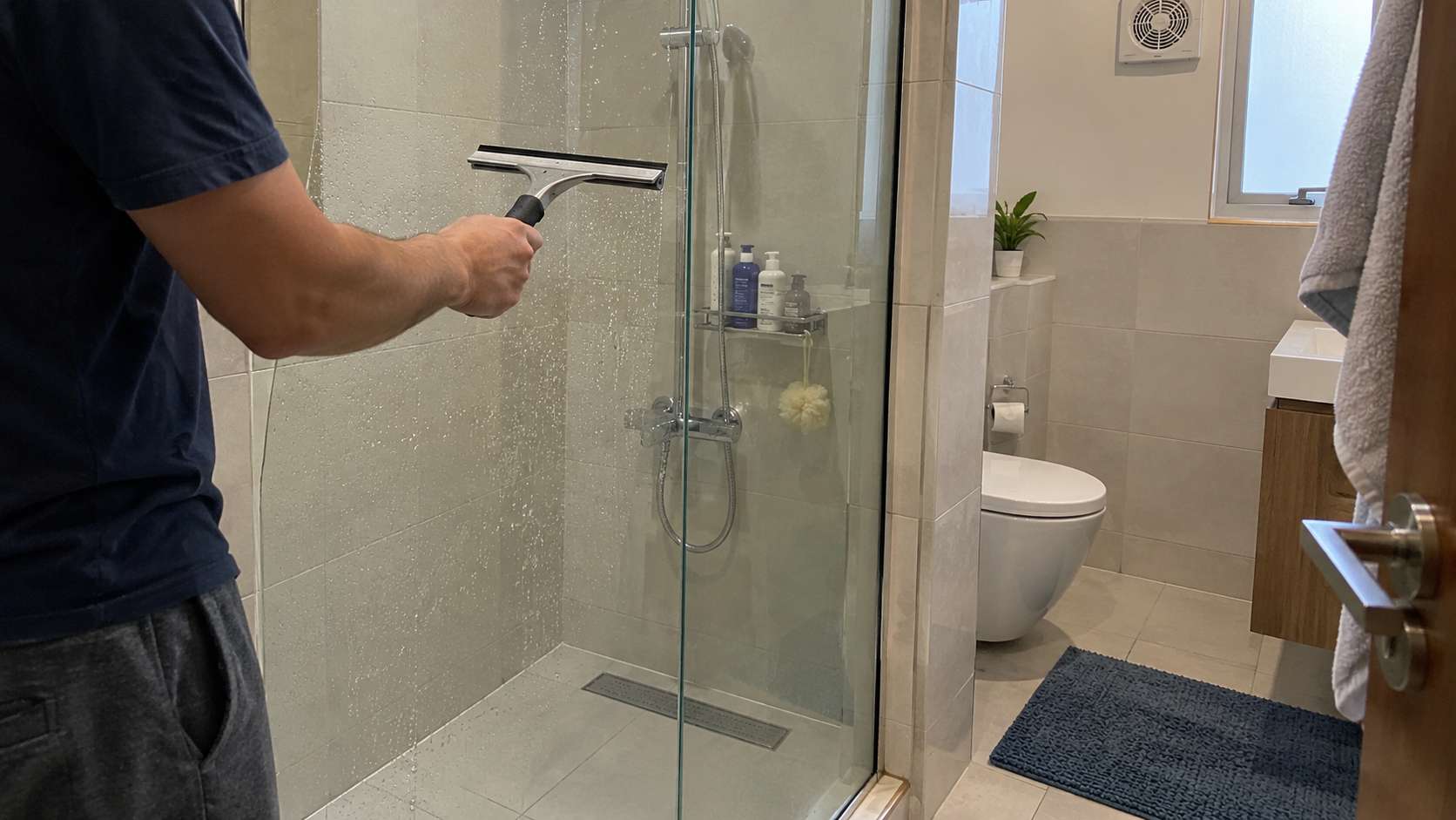 Homeowner using a squeegee to dry a clean shower while the bathroom is ventilated.