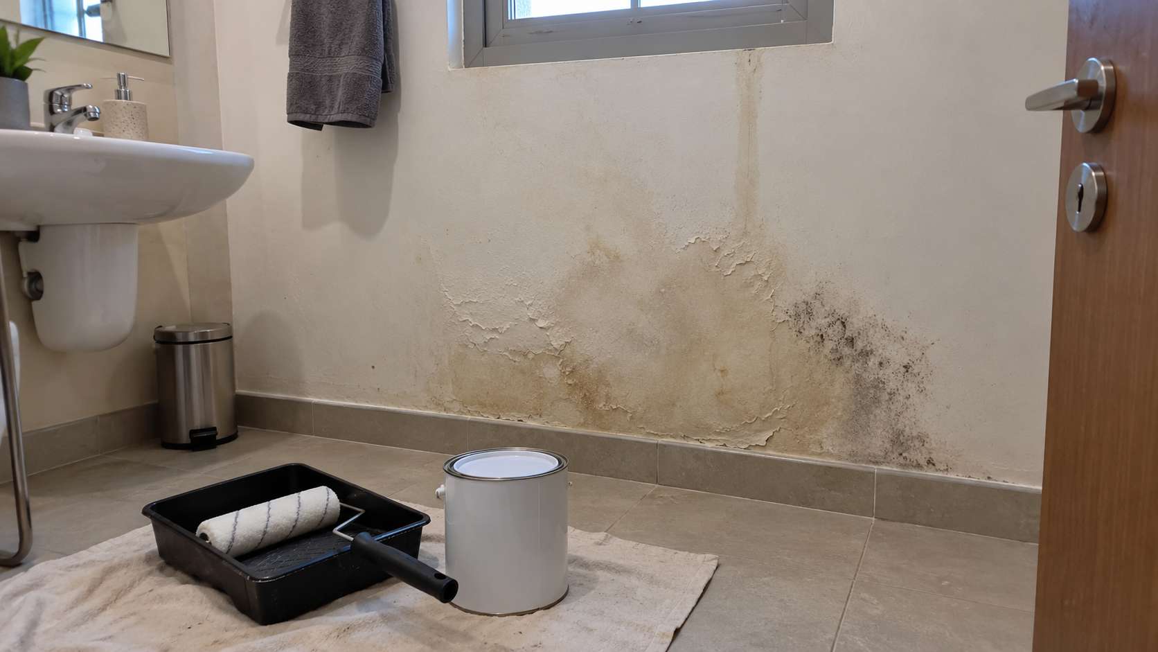 Unused primer beside a damp wall with bubbling paint and localized mold spotting.