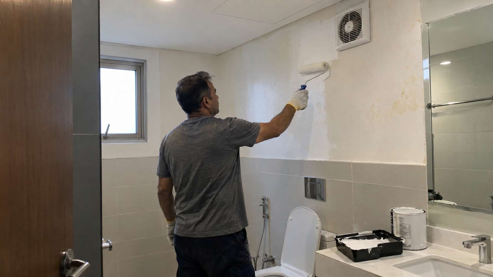 Primer being rolled onto a clean dry bathroom wall after moisture correction.