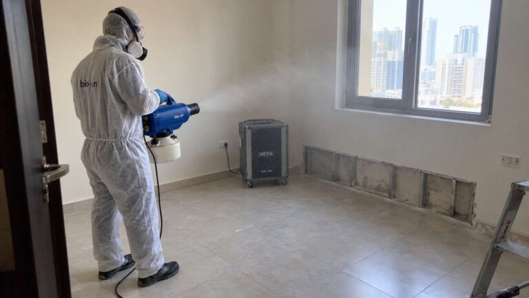 Mold remediation technician using a ULV fogger in a cleaned residential room.