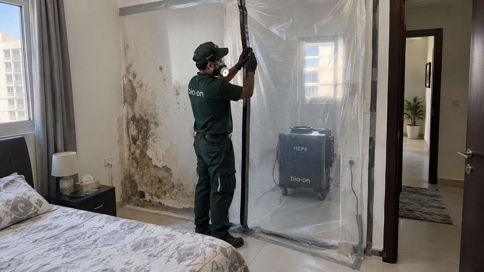 Bio-On technician preparing containment and HEPA filtration for mold remediation in a UAE apartment