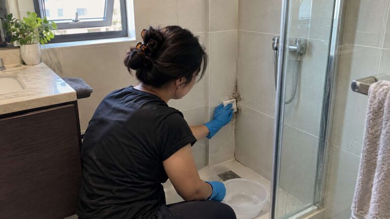 Person cleaning a small mold patch on bathroom tile with a simple household cleaning solution.