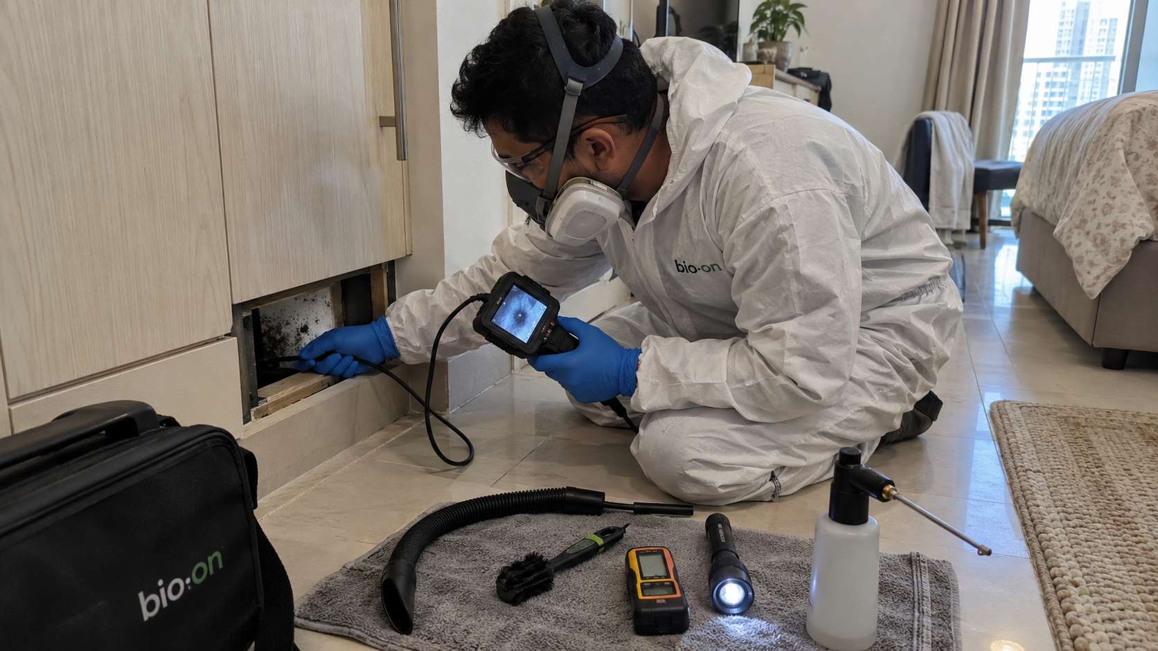 Technician using a flexible inspection camera to check mold inside a narrow cabinet void.