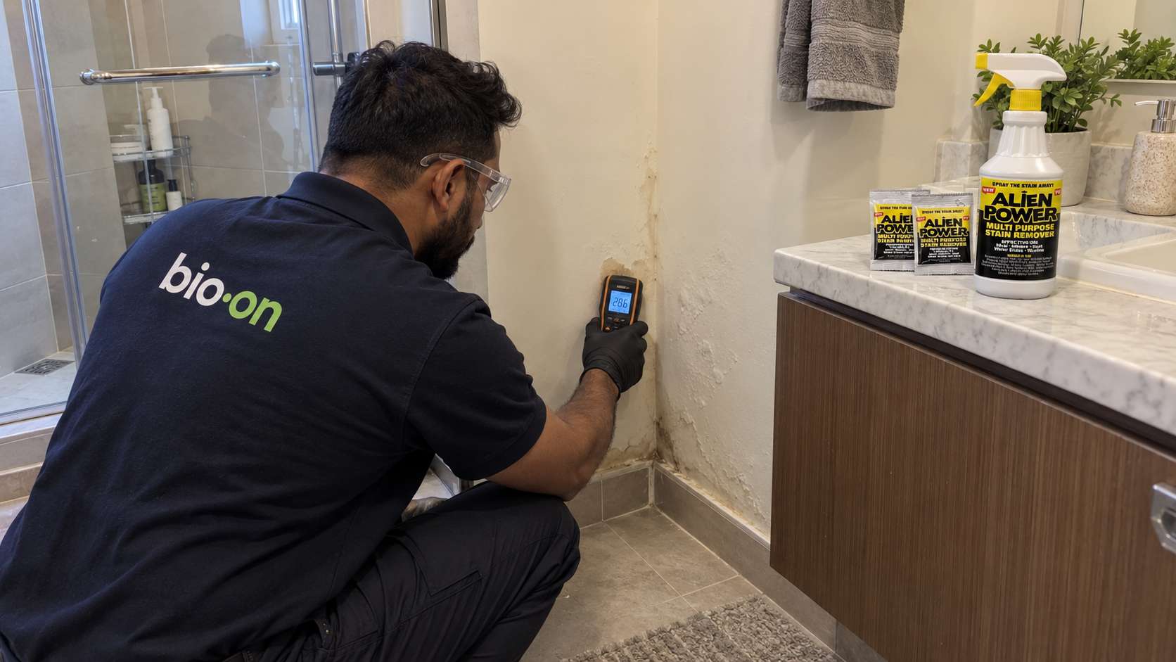 Bio-On technician checking a moisture-damaged wall while Alien Power Mold Remover sits unused nearby.