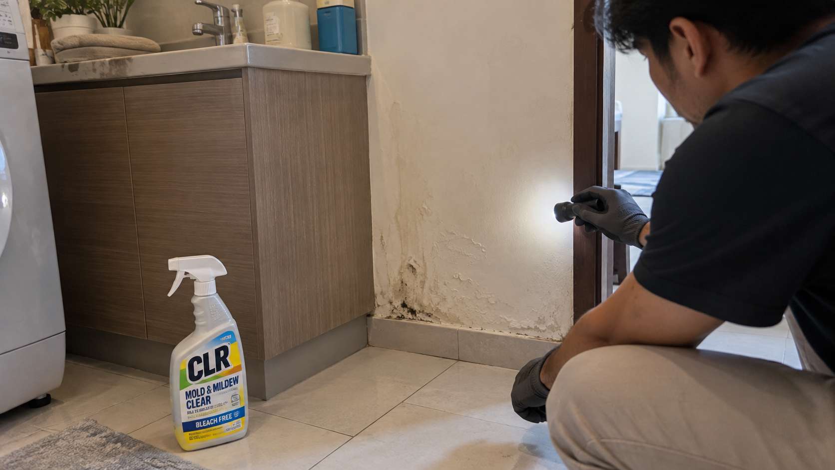 Homeowner inspecting a damp bubbling wall while CLR Mold & Mildew Clear sits unused nearby.