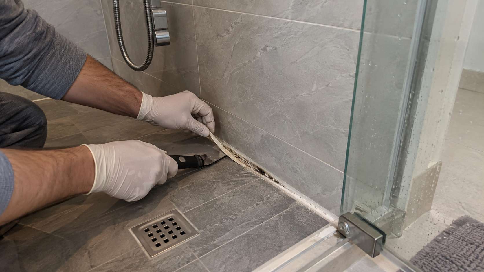Failed shower silicone lifted to reveal moisture staining and dark buildup underneath.