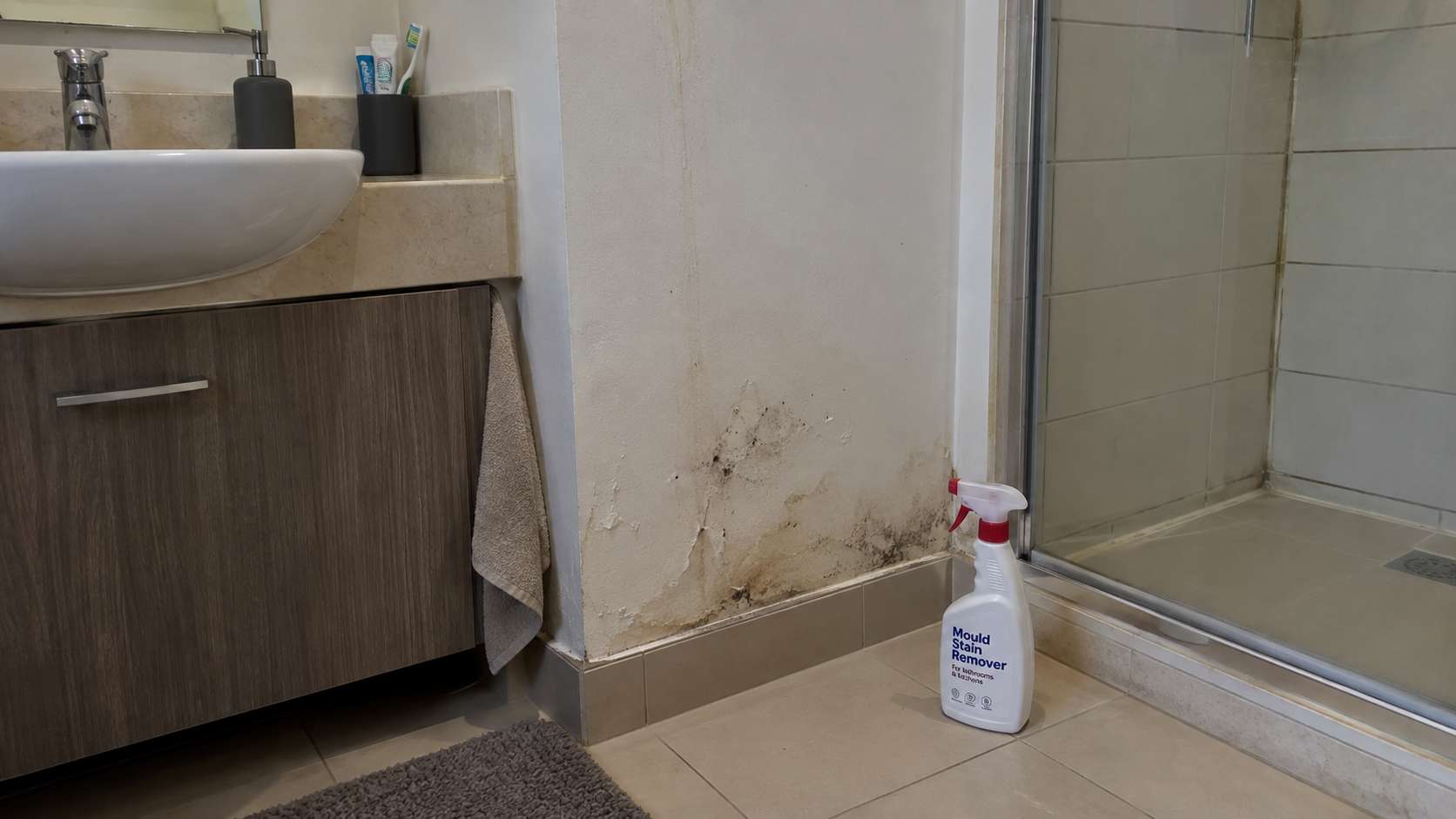 Mold stain remover beside a damp wall with bubbling paint and recurring dark staining.
