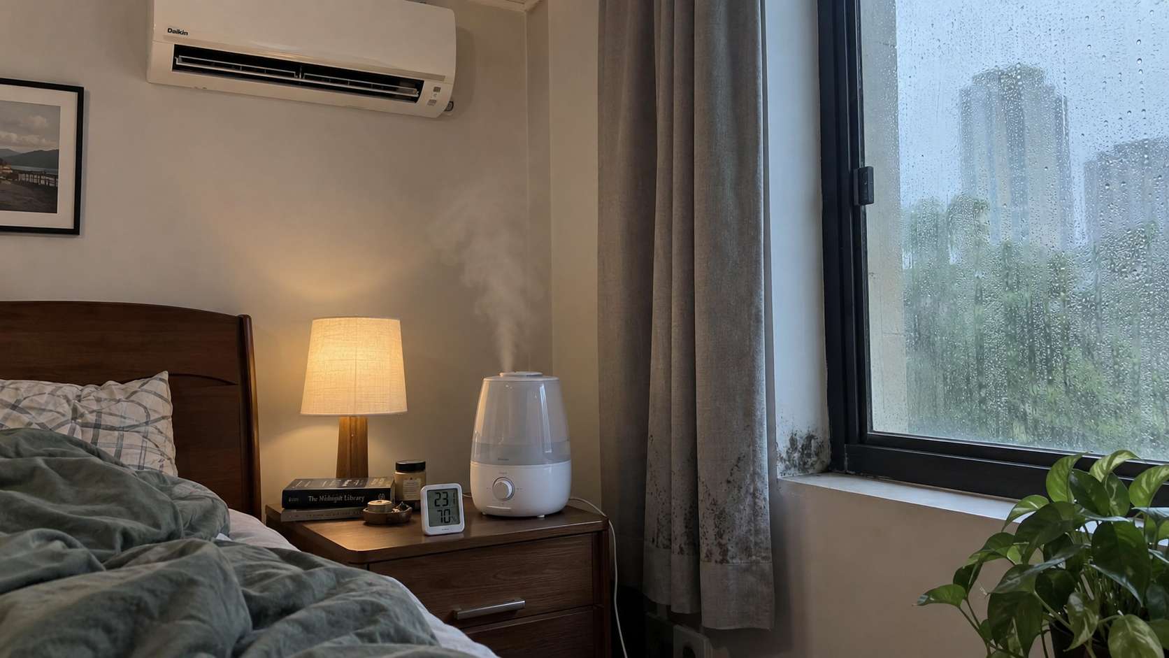 Humidifier running in an already humid bedroom with condensation and a small mold spot near the window.