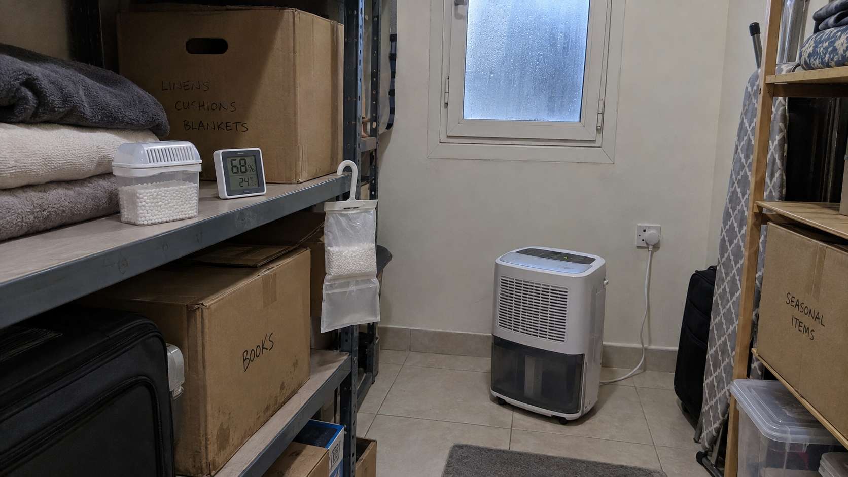 Passive moisture absorbers beside a dehumidifier in a humid storage room with a high humidity reading.