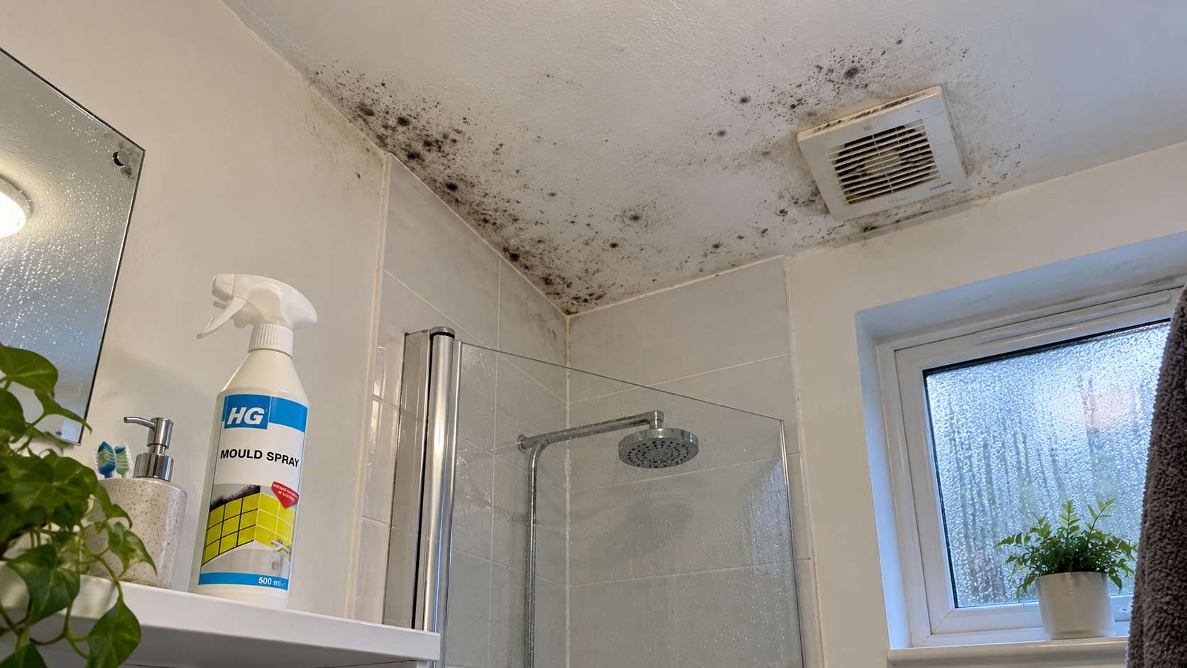 Recurring black mould spots on a bathroom ceiling near a weak extractor fan and condensation.