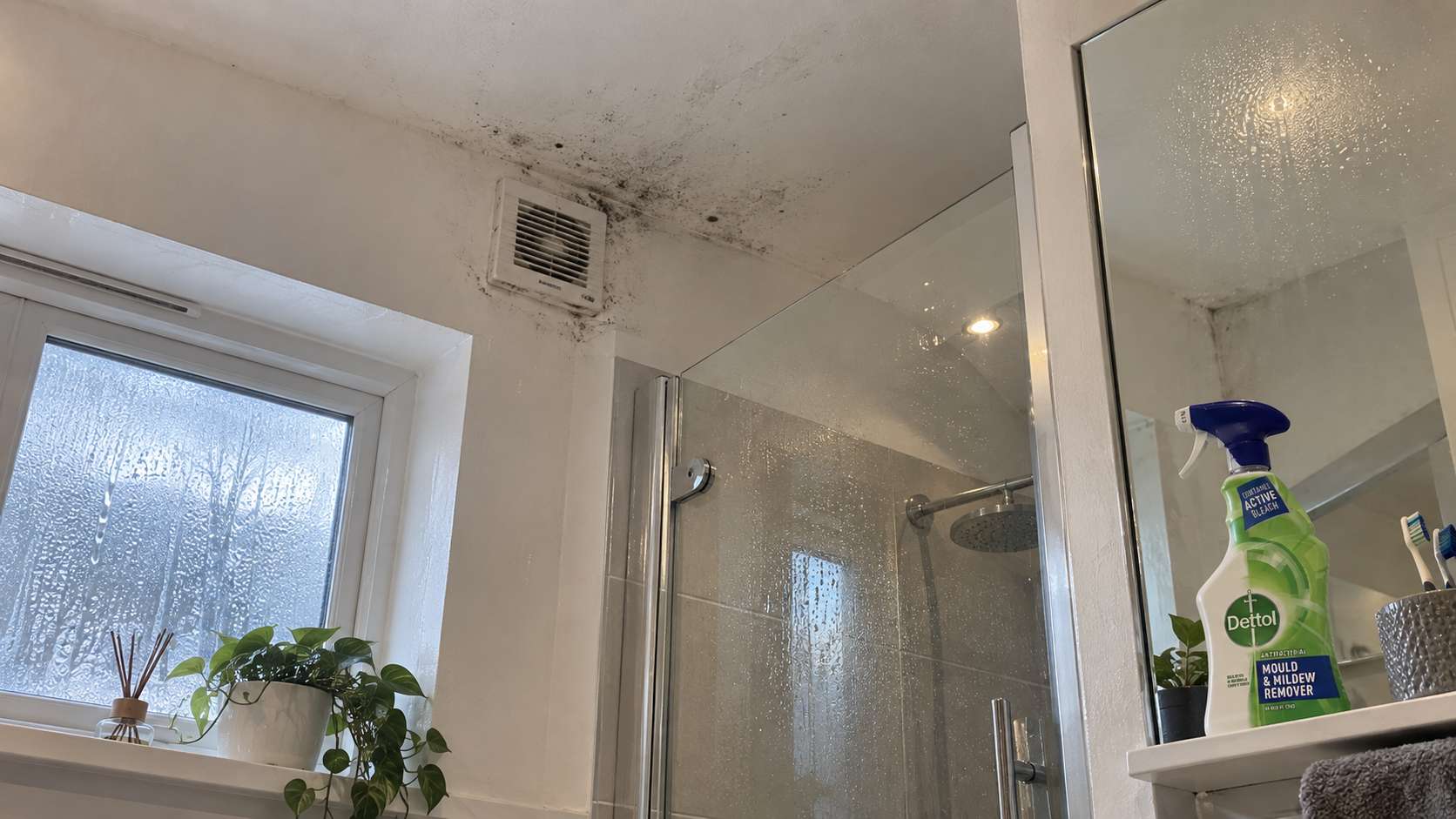 Recurring bathroom ceiling mould near a weak extractor fan with condensation on nearby surfaces.