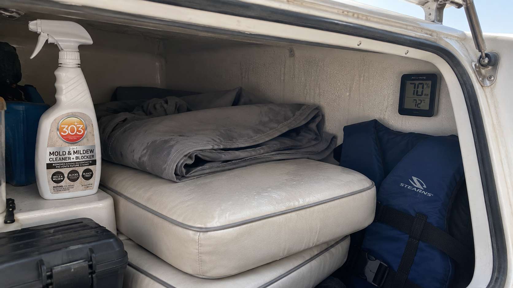 Clean boat cushions stored in a humid enclosed compartment with condensation and high humidity.