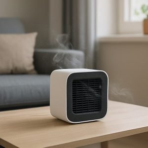 A tabletop air ionizer operating in a modern apartment, with particles visibly attracted to the unit (floating dust & smoke).