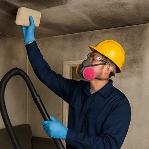 A technician in safety gear removing black soot from a living room ceiling and walls using specialized sponges and HEPA vacuums