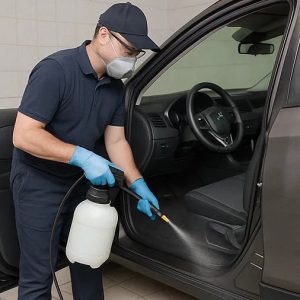 A technician using a hand-held sprayer to apply deodorizing chemicals across a tiled floor or car interior