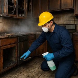 Deep cleaning of kitchen surfaces post-fire—technician scrubbing countertops and floors, using disinfectants and wiping blackened residue from cabinets