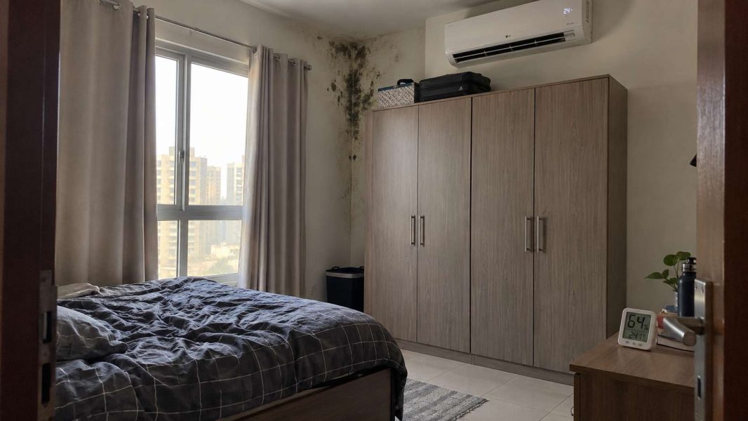 Mold forming beside a wardrobe in an air-conditioned UAE bedroom with indoor humidity above 60%.