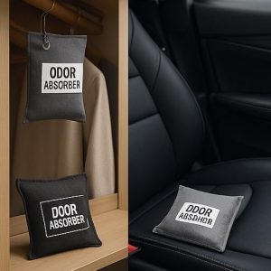 Small absorbent devices (zeolite bags, activated carbon pouches) placed inside a closet and in a car interior (compact and labeled “odor absorber”)